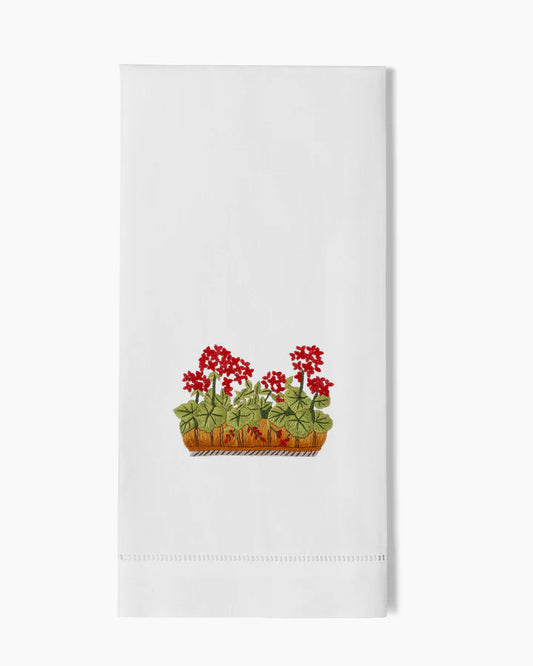 French Geranium Hand Embroidered Guest Towel - Set of 2