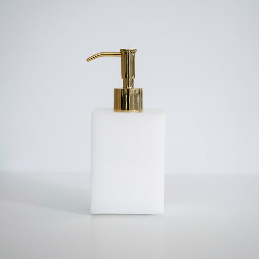 White Lucite Bath Box Soap Pump Dispenser - Gold