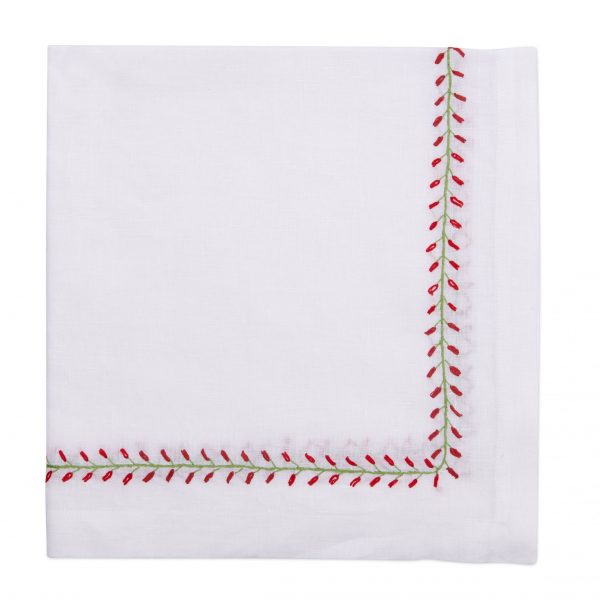 Floral Bud Embroidered Napkins - Red